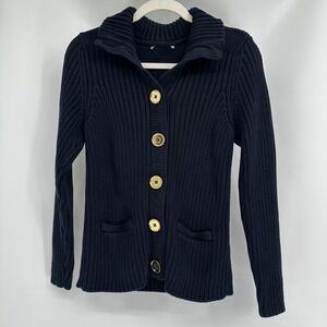 Talbots Womens Navy Blue Ribbed Knit Sweater Pima Cotton Sweater Gold Buttons